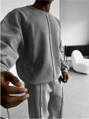 Elku Moda Unisex Oversize Asit Yıkamalı Eşofman Takımı Dikiş Detaylı Jogger ve Sweatshirt Takım