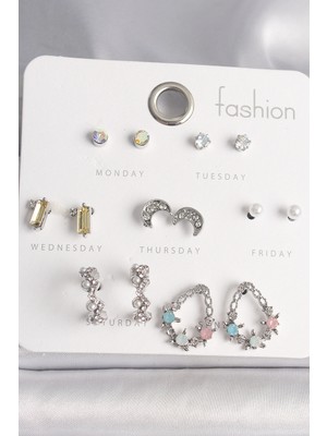 SHC4200 Mey Ithalat® Pirinç Gümüş Renk Renkli Zirkon Taşlı Halka Damla Figür Hilal Detay 7 Çift Kadın Küpe