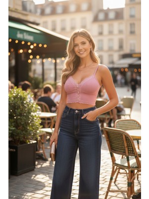 ByErciyeS Gül Kurusu Düğmeli Dantelli Crop