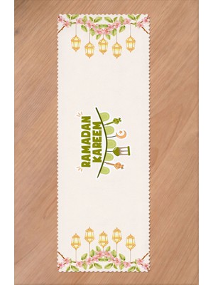 Greendecor Ramazan Eid Mubarak Hilal Cami Çiçek Desenli Baskılı Masa Runner Dijital Baskılı Modern Masa Örtüsü