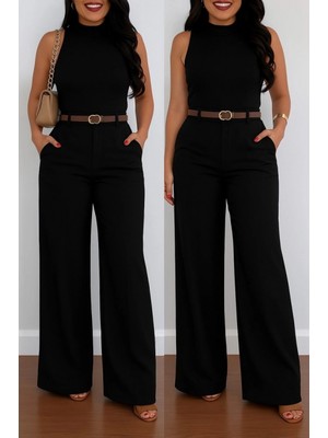 Marsilyan- Kadın Yüksek Bel Geniş Paça Detaylı Cepli Ithal Krep Pantolon