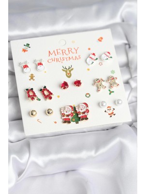 SHC4200 Mey Ithalat® Yılbaşı Temalı Karışık Model 8 Çift Yılbaşı Temalı Kadın Küpe Seti