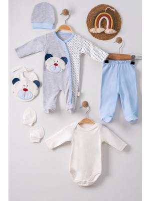 Narnuga Ayıcık Nakışlı Tulumlu % 100 Pamuk Erkek Bebek 5'li Set