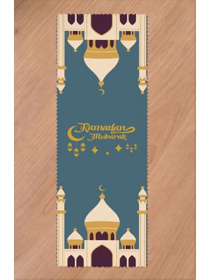 Greendecor Ramazan Eid Mubarak Hilal Cami Çiçek Desenli Baskılı Masa Runner Dijital Baskılı Modern Masa Örtüsü