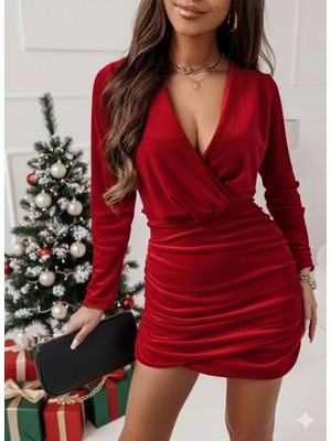 Marsilyan- Kadın Uzun Kollu Kruvaze Yaka Yandan Büzgülü Mini Ithal Krep Elbise