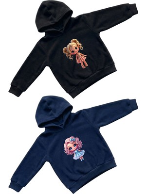 Machi Kız Çocuk Siyah Lacivert Sevimli Kız Bebek Figürlü Baskılı Kapüşonlu Sweatshirt Hoodie