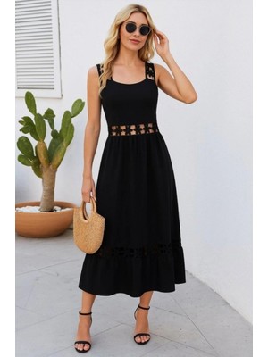 Marsilyan- Kadın Askılı Dantel Detaylı Kiloş Janjan Krep Elbise