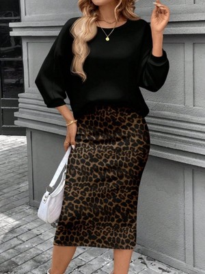 Marsilyan- Kadın Uzun Kollu Bisiklet Yaka Modal Bluz ve Leopar Desenli Etek Ikili Takım