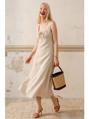 Hiccup Kadın My Fashıon Bağlama Detaylı Midi Keten Elbise Bej Doğal
