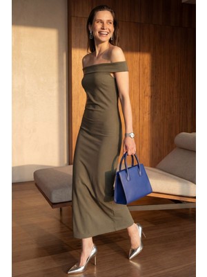 Hiccup Kadın My Fashıon Omuzları Açık, Vücuda Oturan, Yırtmaçlı Maksi Elbise Haki Yeşil