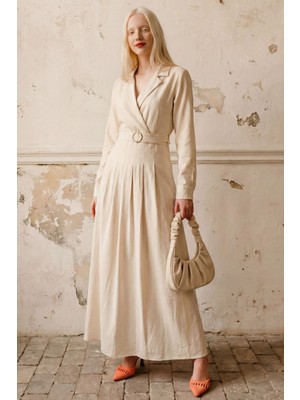 Hiccup Kadın My Fashıon Kemerli Uzun Kollu Maxi Elbise Natural