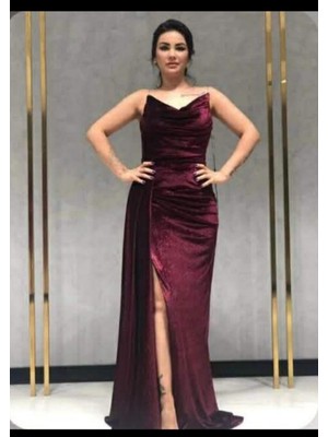 Odrella Bordo Kadife Uzun Abiye Elbise Yırtmaçlı Drapeli Şık Gece Elbisesi