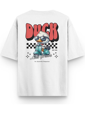 Overoz Duck Scooter Sırt Baskılı Yarı Oversize Unisex Beyaz T-Shirt 1286