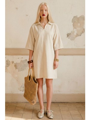 Hiccup Kadın My Fashıon Polo Yakalı Yarım Kollu Mini Elbise Bej Doğal