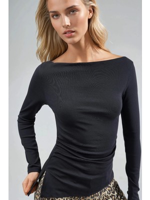 Hiccup Kadın Busem Kayık Yaka Pamuklu Bluz Siyah