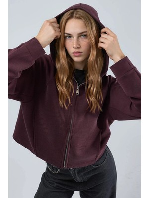Hiccup Kadın Busem Cep Detaylı Kapüşonlu Fermuarlı Ceket Bordo Kırmızı