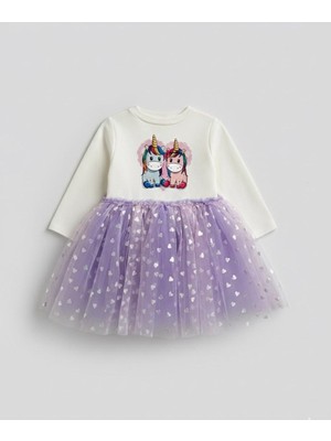 Özge Başaran Kız Çocuk Baskılı Uzun Kollu Lila Tüllü Elbise – Kalp Desenli Parlak Etekli Şık Model