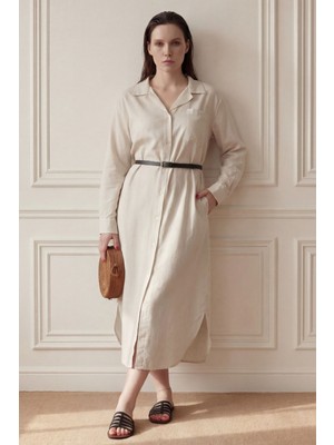 Hiccup Kadın My Fashıon Düğmeli ve Cepli Keten Karışım Midi Elbise Bej Doğal