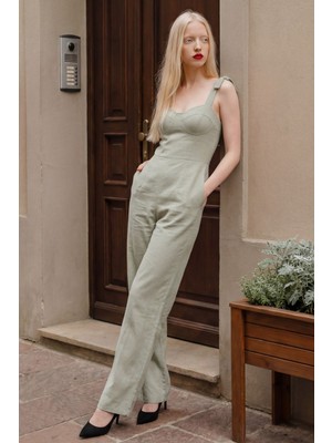 Hiccup Kadın My Fashıon Kalp Yaka Keten Karışımı Tulum Nane Yeşili