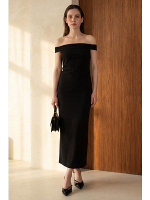 Hiccup Kadın My Fashıon Omuzları Açık, Vücuda Oturan, Yırtmaçlı Maksi Elbise Siyah