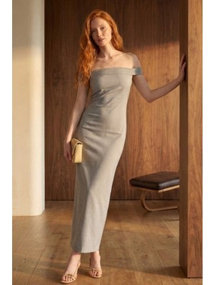 Hiccup Kadın My Fashıon Omuzları Açık, Vücuda Oturan, Yırtmaçlı Maksi Elbise Gri