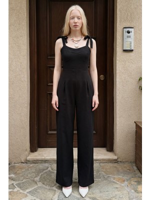 Hiccup Kadın My Fashıon Kalp Yaka Keten Karışımı Tulum Siyah