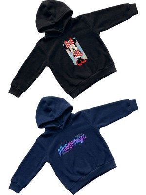 Machi Kız Çocuk Siyah Minnie Mouse Lacivert Huntrax Baskılı Kapüşonlu Sweatshirt Hoodie