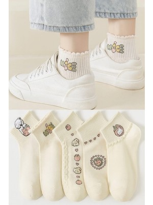 5 Çift Kadın Krem Nice Desenli Patik Çorap