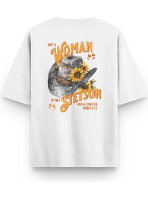 Overoz Ranch Life Kovboy Sırt Baskılı Yarı Oversize  Unisex Beyaz Tshirt 1288