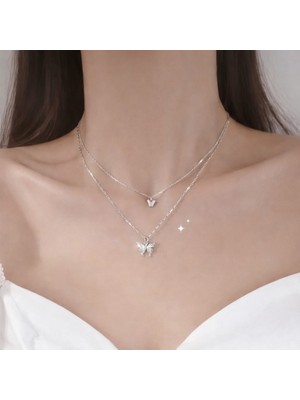 Çift Katlı Gümüş Renk Kelebek Kolye – Saf Zarafet