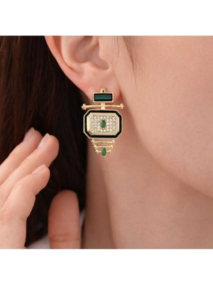 Geomtrik Formlu Yeşil Taşlı Gold Küpe