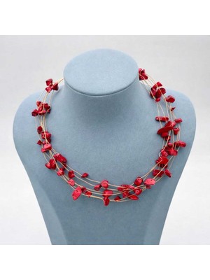 Kırmızı Mercan Detaylı Çoklu Zincir Kolye