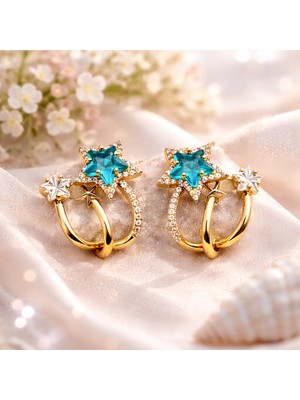 Turkuaz Yıldız Taşlı Gold Halka Küpe – Işıltının En Zarif Hali