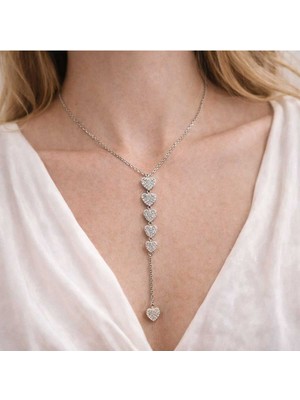 Silver Taşlı Kalp Detaylı Uzun Kolye
