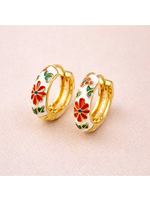 Renkli Çiçek Desenli Altın Renk Halka Küpe