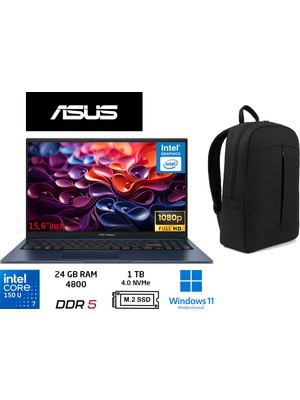 Asus vivobook 15 Core 7 150U 24 Gb-1 Tb Ssd-15.6'' Windows 11 Pro X1504VA-BQ5456 Notebook+Duddi Çanta
