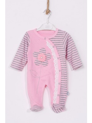 Narnuga Çiçek Nakışlı % 100 Pamuk Ayaklı Kız Bebek Tulumu