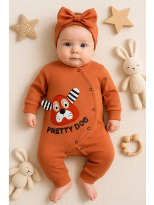 Narnuga Pretty Dog Nakışlı Bandanalı % 100 Pamuk Kız Bebek Tulumu