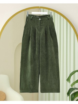 Cepli Bol Paça Pul Detaylı Kadife Pantolon  -Haki