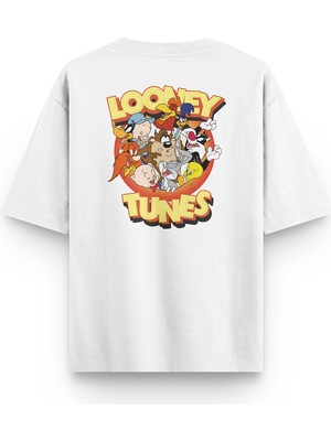 Overoz Looney Tunes Sırt Baskılı Yarı Oversize Unisex Beyaz T-Shirt 1303