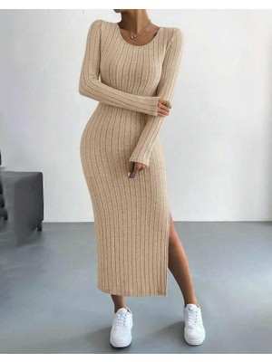 Yeşil Sarmaşık Kadın Kaşkorse Kumaş Yırtmaç Detaylı Uzun Kollu Elbise