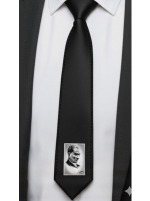 Mavi Masal Atatürk Portreli Imzalı Saten Erkek Kravat/fular