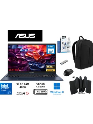 Asus vivobook 15 Core 7 150U 32 GB-512 GB Ssd-15.6'' W11 Pro X1504VA-BQ5456 Duddi Çanta+Mouse+Mousepad+Usbbellek+Temizlikkit
