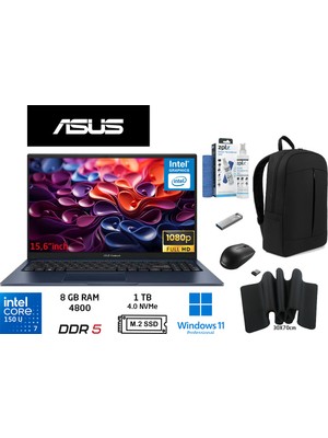 Asus vivobook 15 Core 7 150U 8 Gb-1 Tb Ssd-15.6'' W11 Pro X1504VA-BQ5456 Duddi Çanta+Mouse+Mousepad+Usbbellek+Temizlikkit