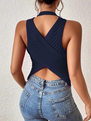 Yeşil Sarmaşık Kadın Sırt Çapraz Detay Triko Bluz