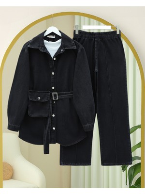 Çanta Cepli Çimalı Pantolonlu Kot Takım -Siyah