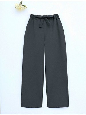 Duble Kumaş Beli Kuşaklı Bol Paça Pantolon    -Füme