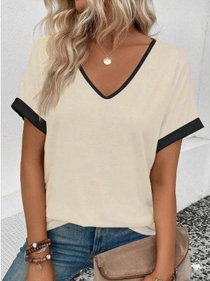 Yeşil Sarmaşık Kadın Kısa Kollu V Yakalı Çift Renkli Viskon Bluz