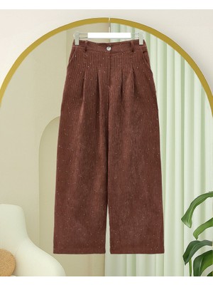 Cepli Bol Paça Pul Detaylı Kadife Pantolon  -Kiremit