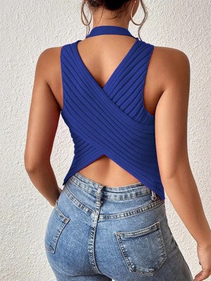 Yeşil Sarmaşık Kadın Kolsuz Sırt Çapraz Detay Triko Bluz